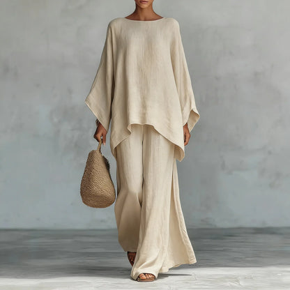 Fenna - Elegante Linnen Co-ord Set Dames met Vleermouwen en Wijde Broek