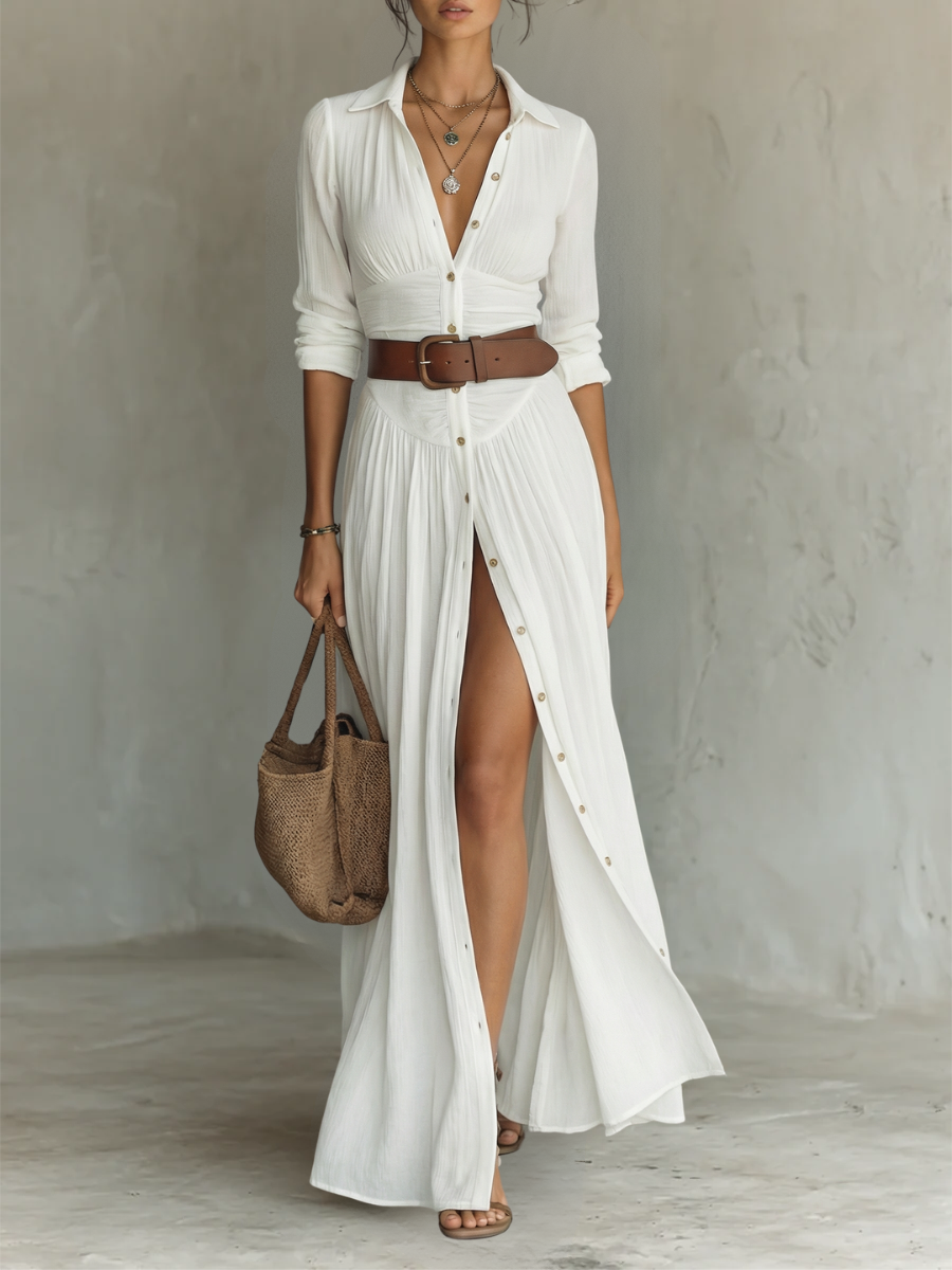 Fenna - Elegante Maxi Jurk Dames met Ceintuur en Split