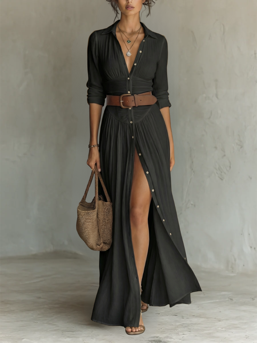 Fenna - Elegante Maxi Jurk Dames met Ceintuur en Split