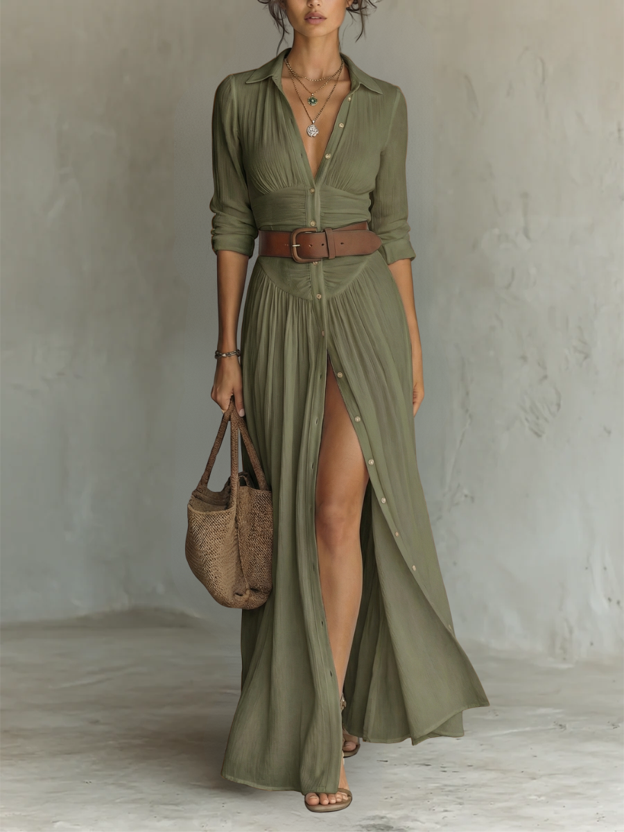 Fenna - Elegante Maxi Jurk Dames met Ceintuur en Split
