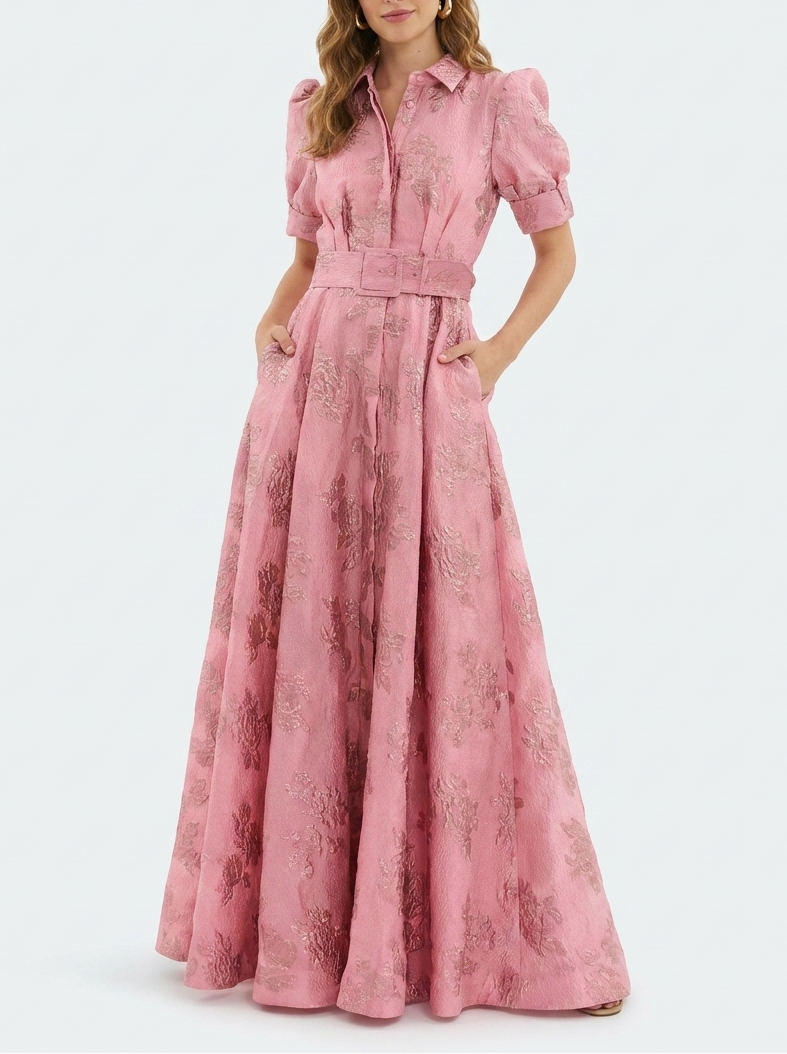 Fenna - Romantische Bruiloft Gastenjurk Dames met Pofmouwen en Jacquardprint