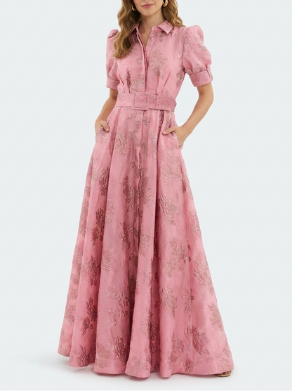 Fenna - Romantische Bruiloft Gastenjurk Dames met Pofmouwen en Jacquardprint