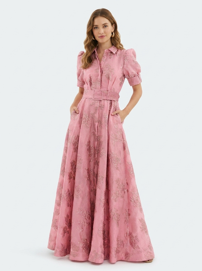 Fenna - Romantische Bruiloft Gastenjurk Dames met Pofmouwen en Jacquardprint