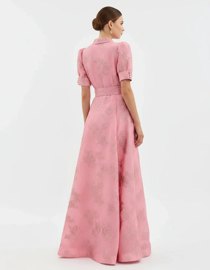 Fenna - Romantische Bruiloft Gastenjurk Dames met Pofmouwen en Jacquardprint