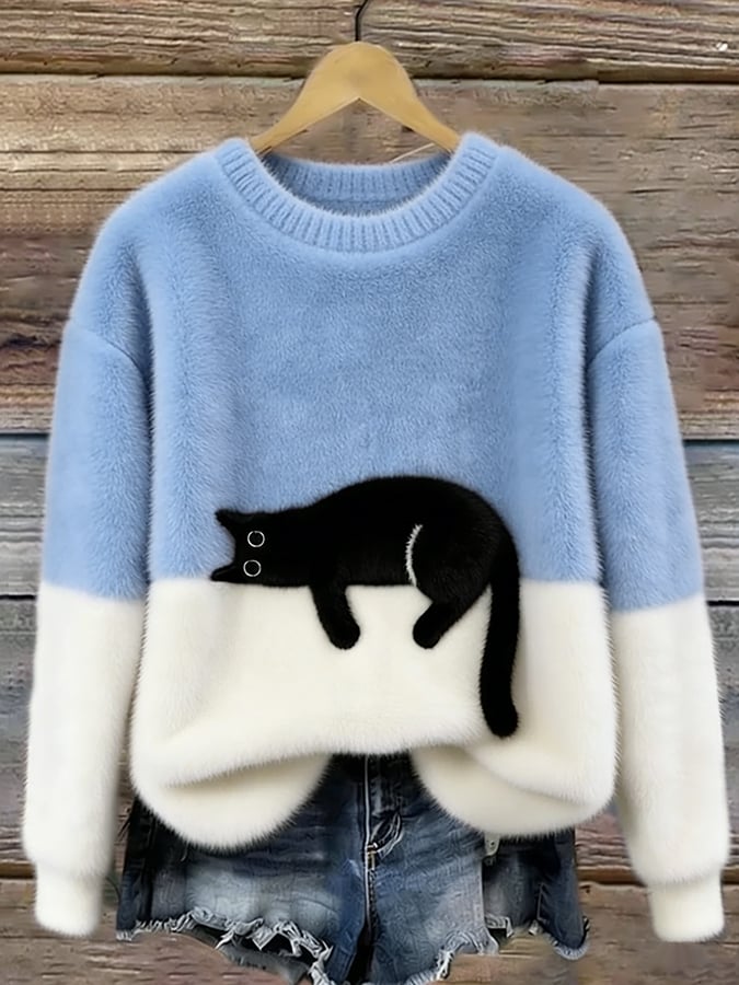 Fenna - Dames Herfsttrui Gebreide Stijl met Kattenprint en Ronde Hals