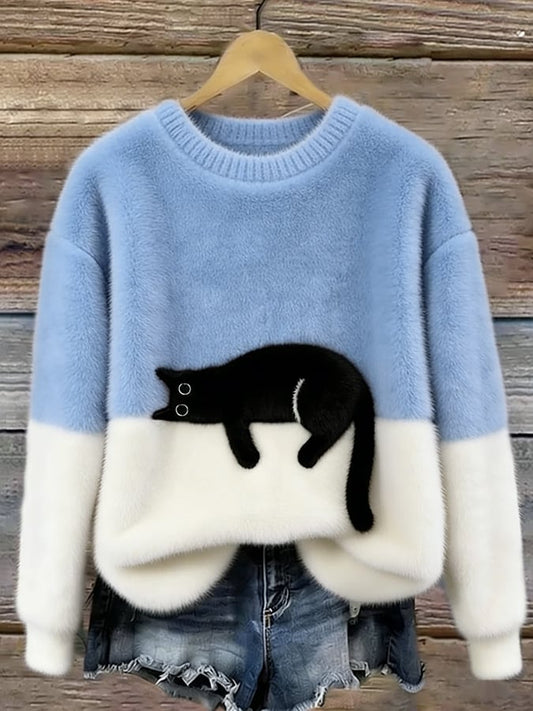 Fenna - Dames Herfsttrui Gebreide Stijl met Kattenprint en Ronde Hals