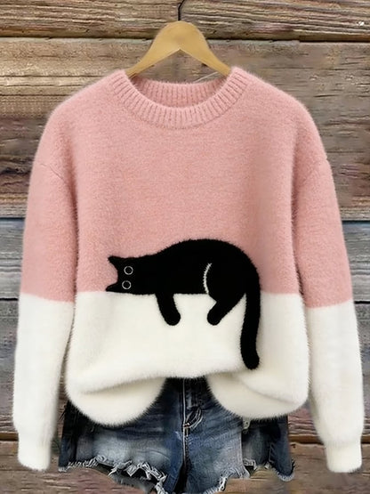 Fenna - Dames Herfsttrui Gebreide Stijl met Kattenprint en Ronde Hals