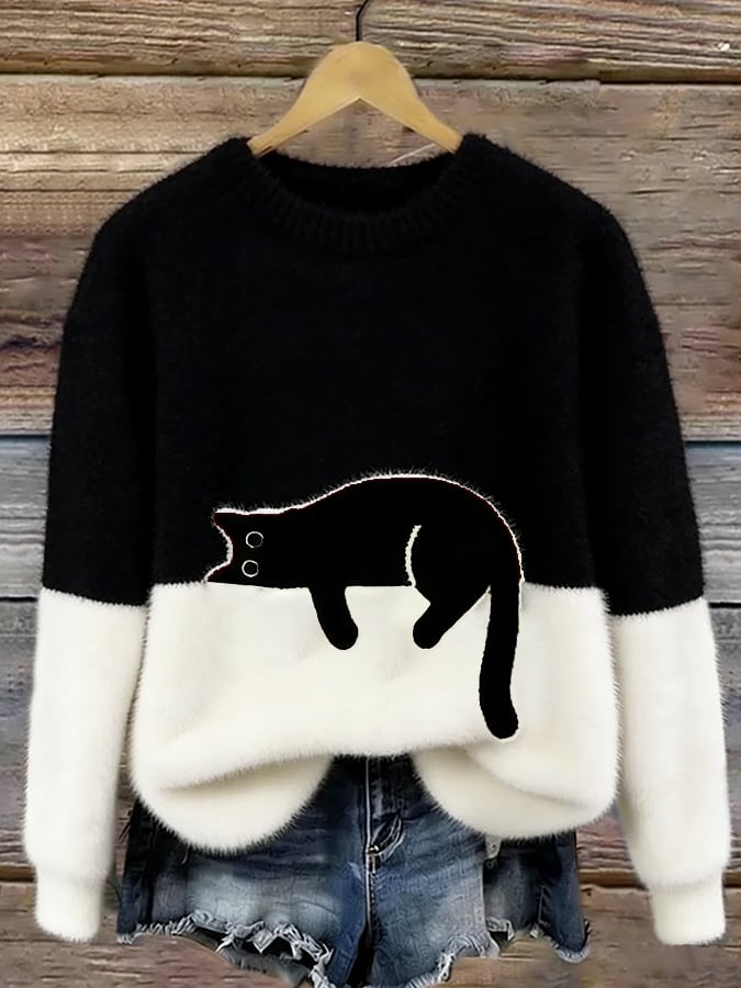 Fenna - Dames Herfsttrui Gebreide Stijl met Kattenprint en Ronde Hals