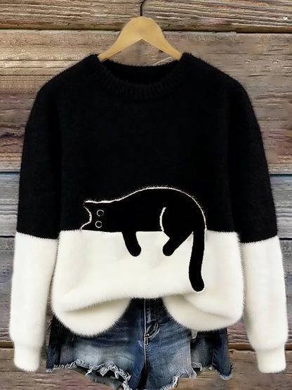 Fenna - Dames Herfsttrui Gebreide Stijl met Kattenprint en Ronde Hals