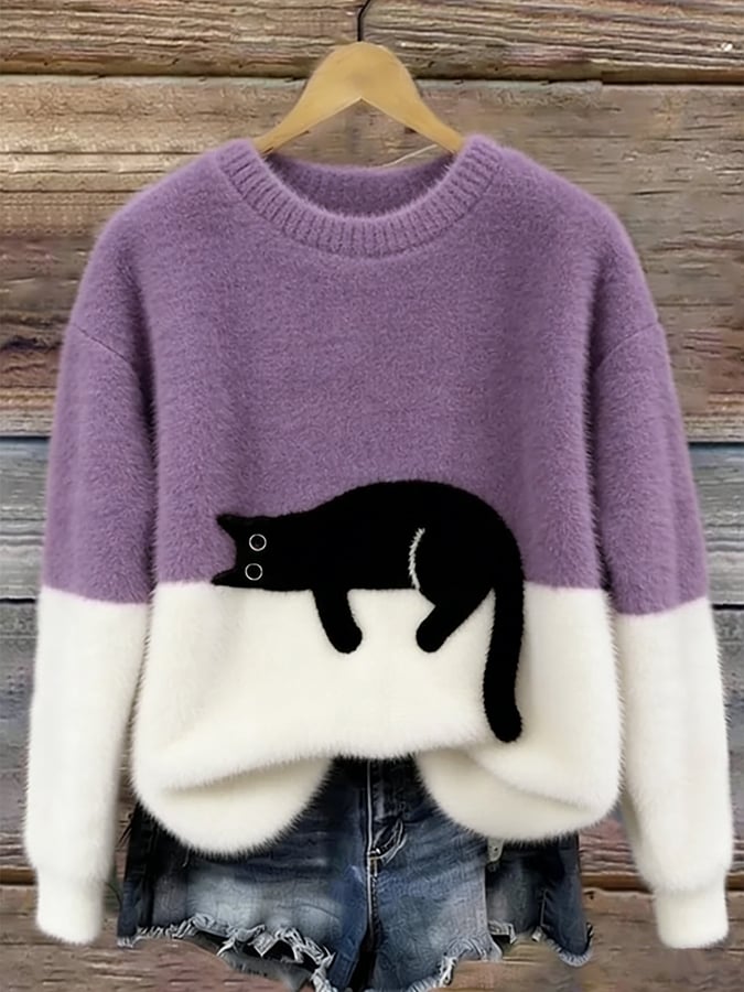Fenna - Dames Herfsttrui Gebreide Stijl met Kattenprint en Ronde Hals