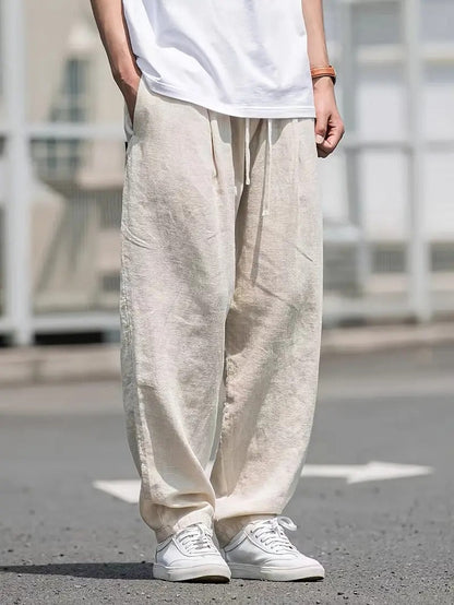 Finn - Trendy Wijde Linnen Broek Heren met Elastische Taille en Zakken