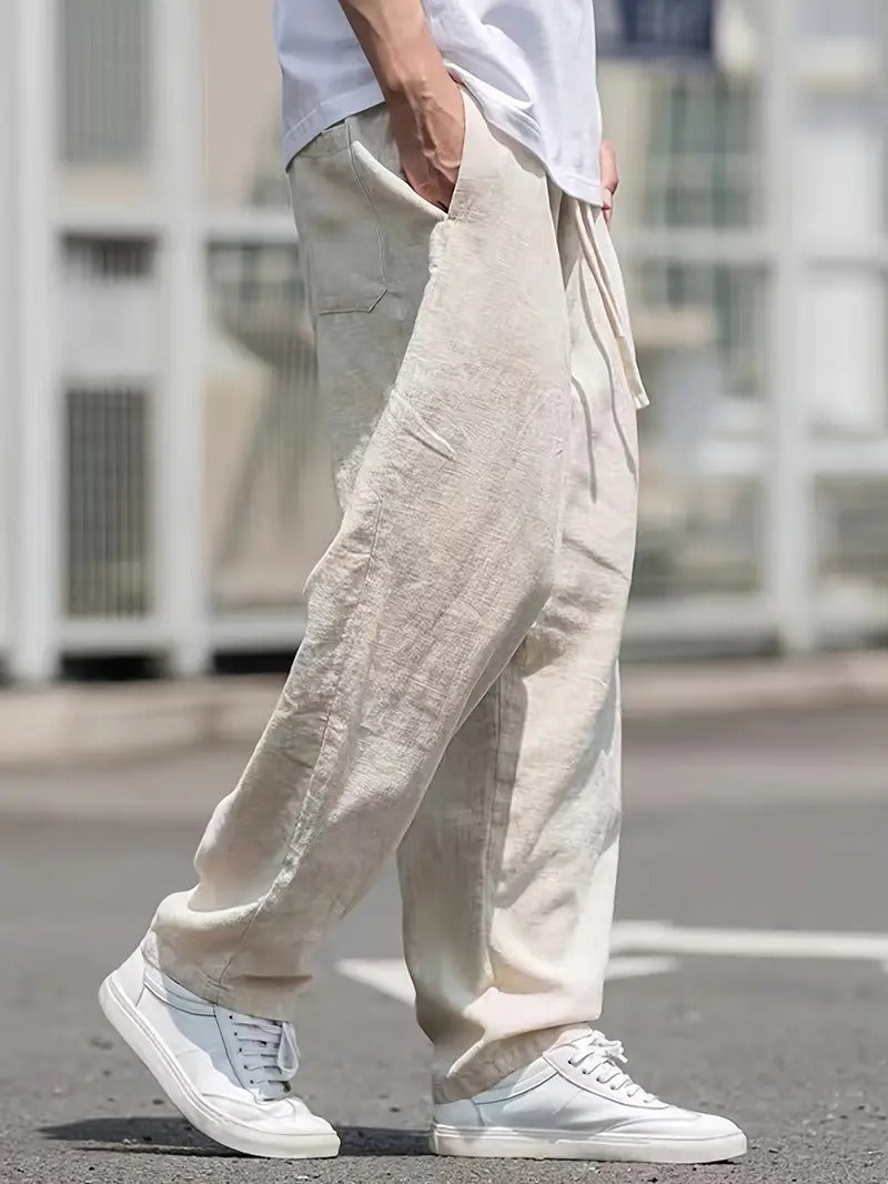 Finn - Trendy Wijde Linnen Broek Heren met Elastische Taille en Zakken
