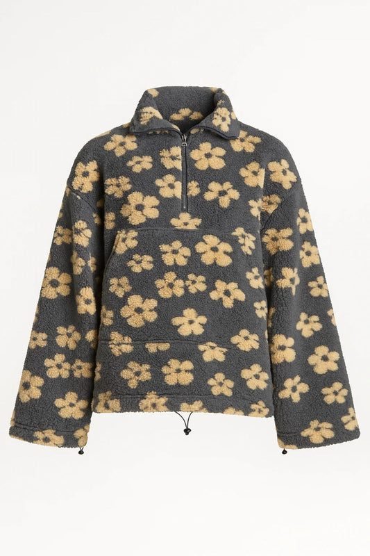 Fleece Trui voor Dames | Bloemenprint met Ritskraag | Warme Casual Look