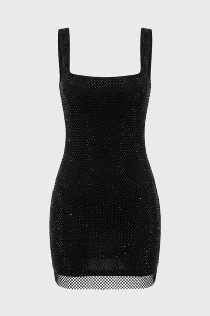 Mini Jurk Dames - Sparkle met Vierkante Hals | Glitter - Zwart