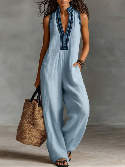 Floor - Boho Linnen Jumpsuit Dames met Diepe V-hals en Etnische Borduurrand