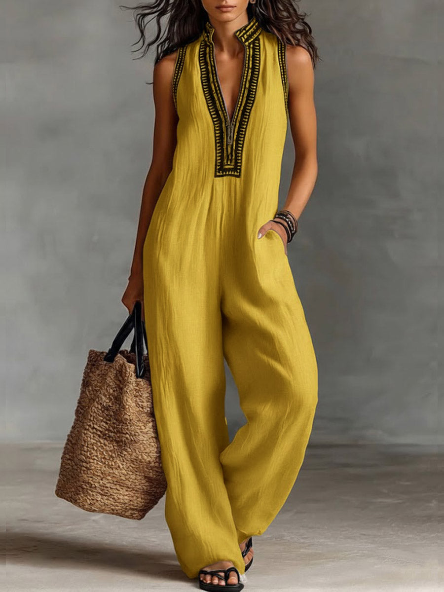 Floor - Boho Linnen Jumpsuit Dames met Diepe V-hals en Etnische Borduurrand