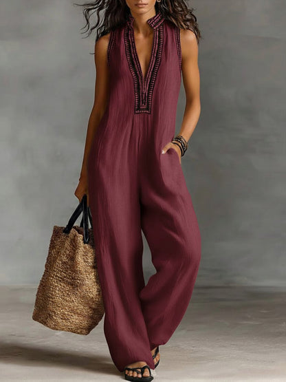 Floor - Boho Linnen Jumpsuit Dames met Diepe V-hals en Etnische Borduurrand