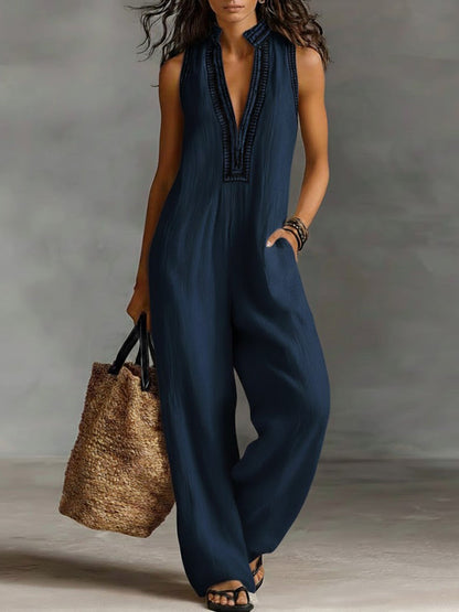 Floor - Boho Linnen Jumpsuit Dames met Diepe V-hals en Etnische Borduurrand