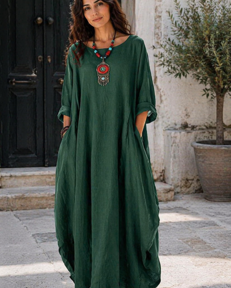 Floor - Boho Linnen Maxi Jurk Dames met Vleermouwen en Oversized Ballon Silhouet