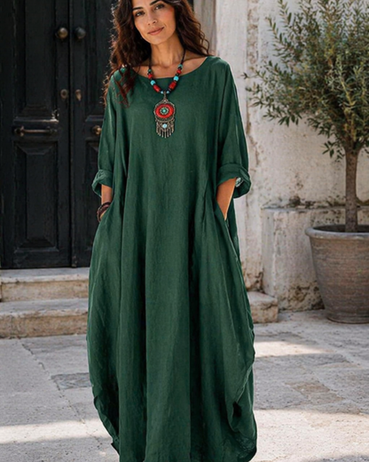 Floor - Boho Linnen Maxi Jurk Dames met Vleermouwen en Oversized Ballon Silhouet