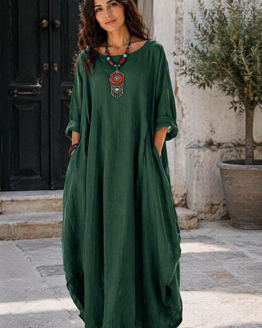 Floor - Boho Linnen Maxi Jurk Dames met Vleermouwen en Oversized Ballon Silhouet