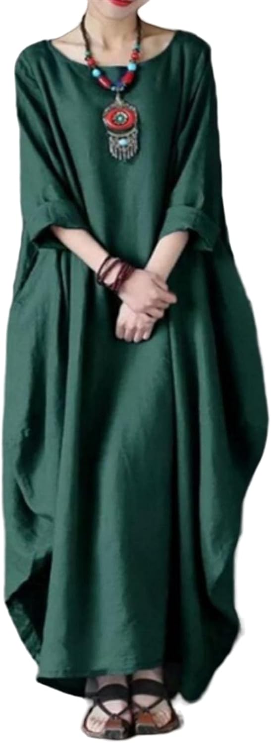 Floor - Boho Linnen Maxi Jurk Dames met Vleermouwen en Oversized Ballon Silhouet