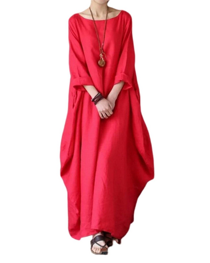 Floor - Boho Linnen Maxi Jurk Dames met Vleermouwen en Oversized Ballon Silhouet