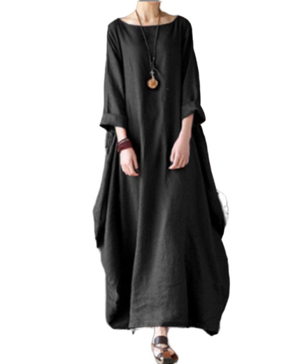 Floor - Boho Linnen Maxi Jurk Dames met Vleermouwen en Oversized Ballon Silhouet