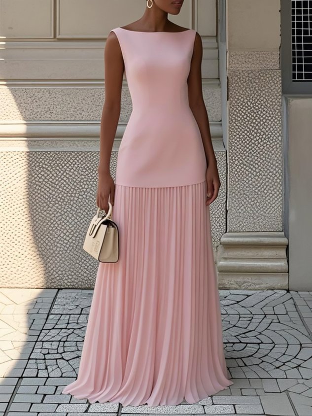 Floor - Chique Bruiloft Gastenjurk Dames met Boothals en Geplooide Maxi-rok
