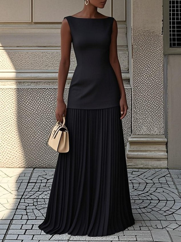 Floor - Chique Bruiloft Gastenjurk Dames met Boothals en Geplooide Maxi-rok