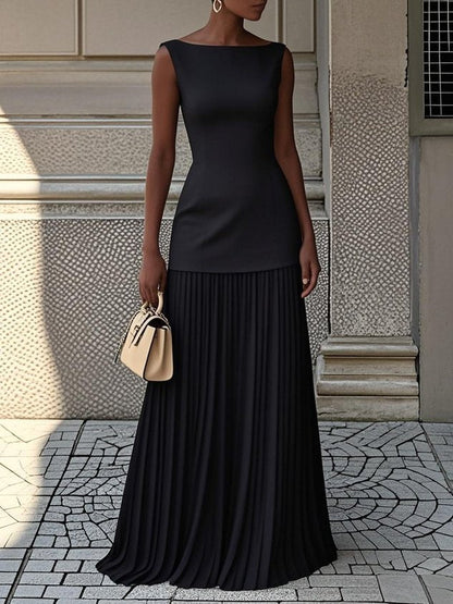 Floor - Chique Bruiloft Gastenjurk Dames met Boothals en Geplooide Maxi-rok