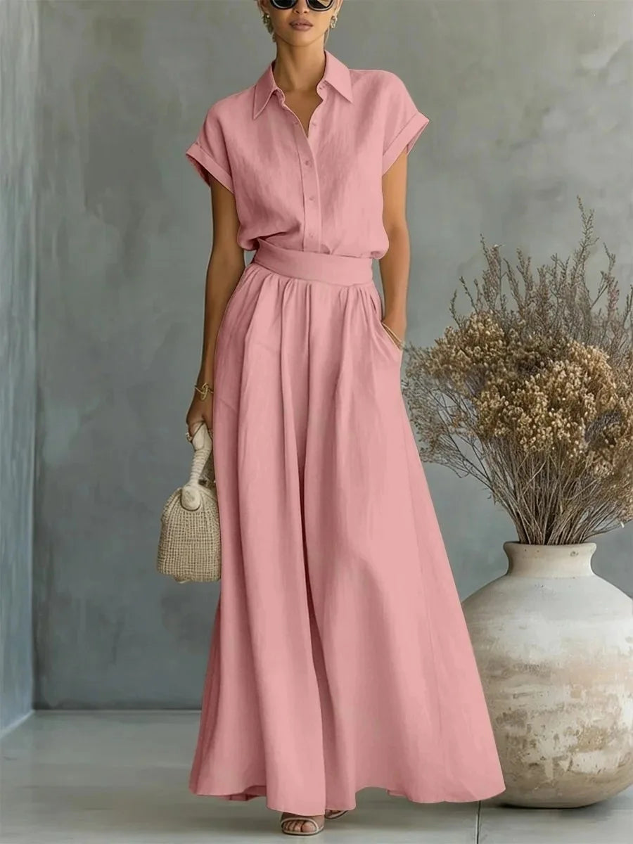 Floor - Elegante 2-Delige Linnen Set Dames met Kraag en Wijde Rok
