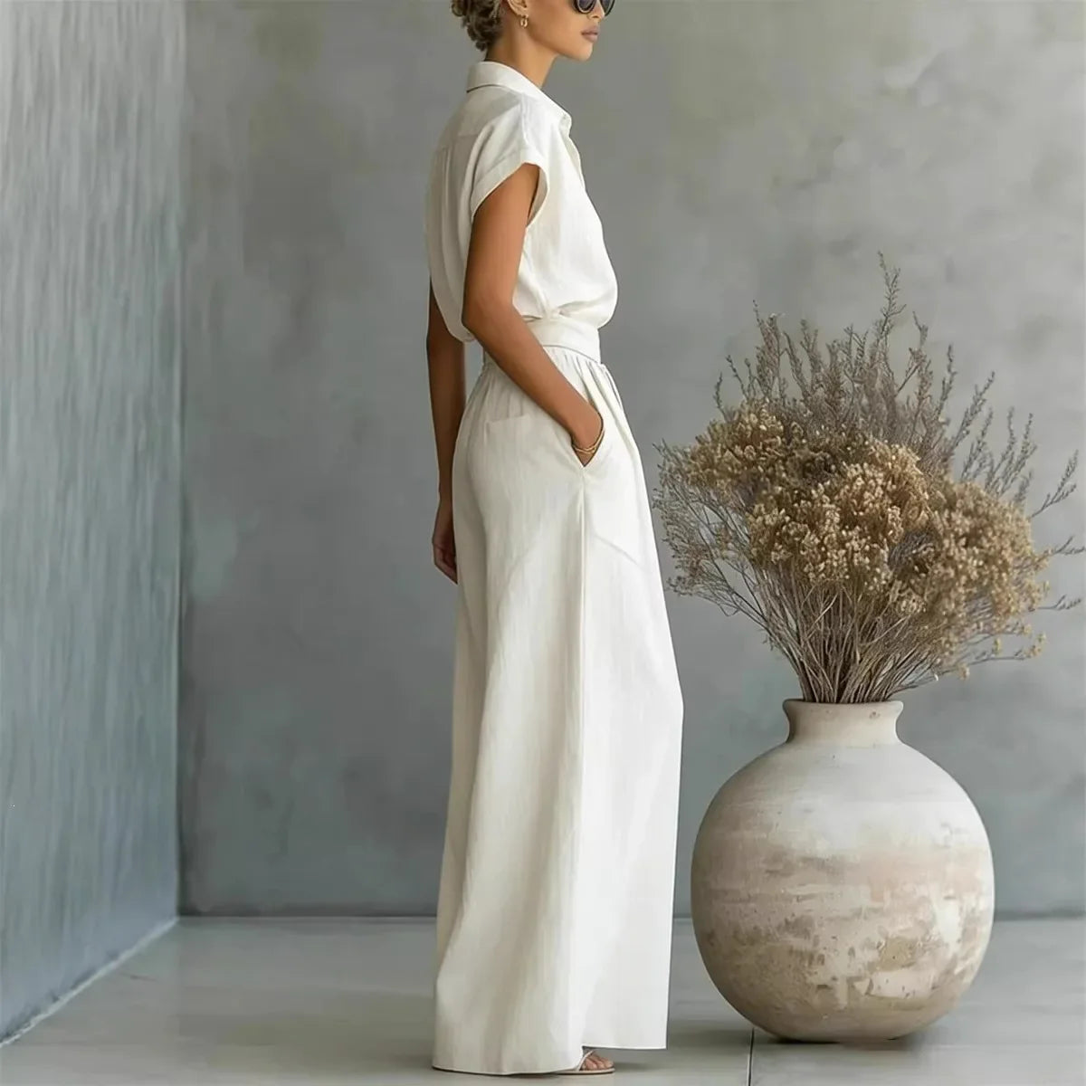 Floor - Elegante 2-Delige Linnen Set Dames met Kraag en Wijde Rok