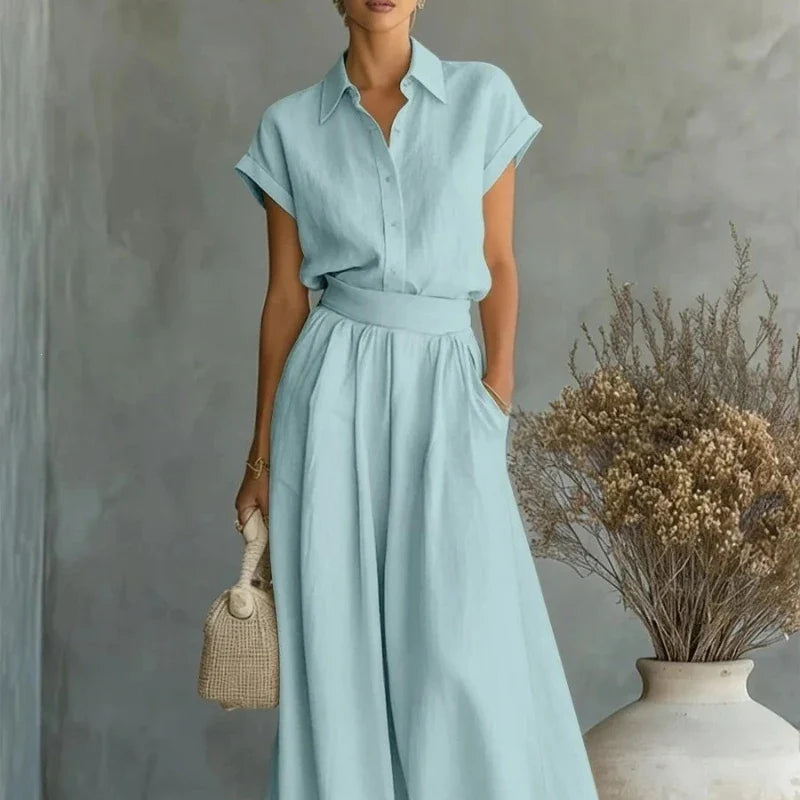 Floor - Elegante 2-Delige Linnen Set Dames met Kraag en Wijde Rok