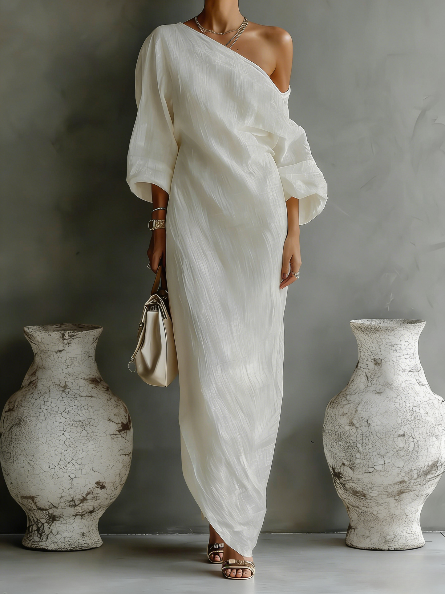 Floor - Elegante Linnen Maxi Jurk Dames met One-Shoulder en Wijde Mouwen