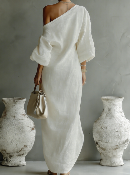 Floor - Elegante Linnen Maxi Jurk Dames met One-Shoulder en Wijde Mouwen