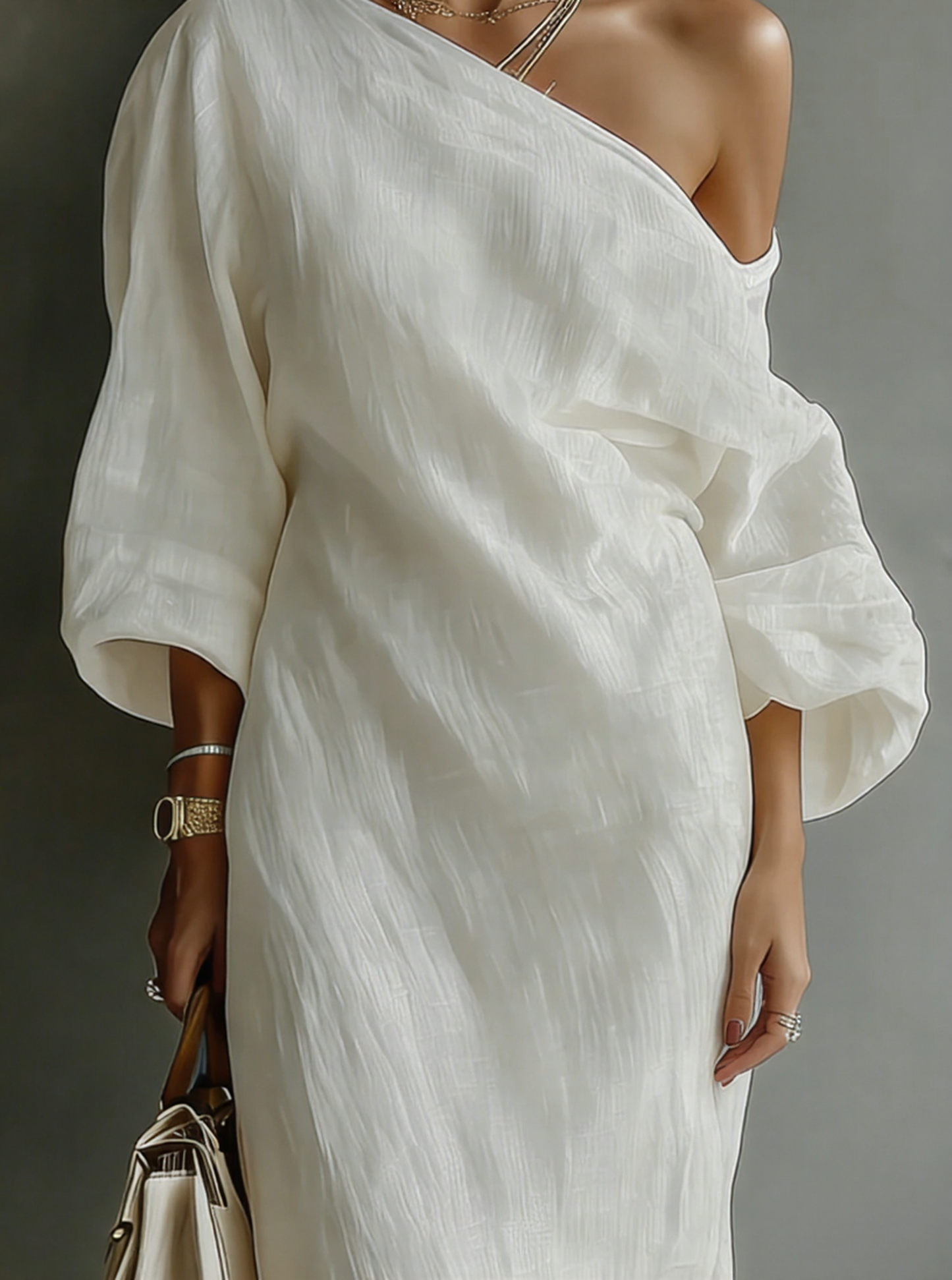 Floor - Elegante Linnen Maxi Jurk Dames met One-Shoulder en Wijde Mouwen