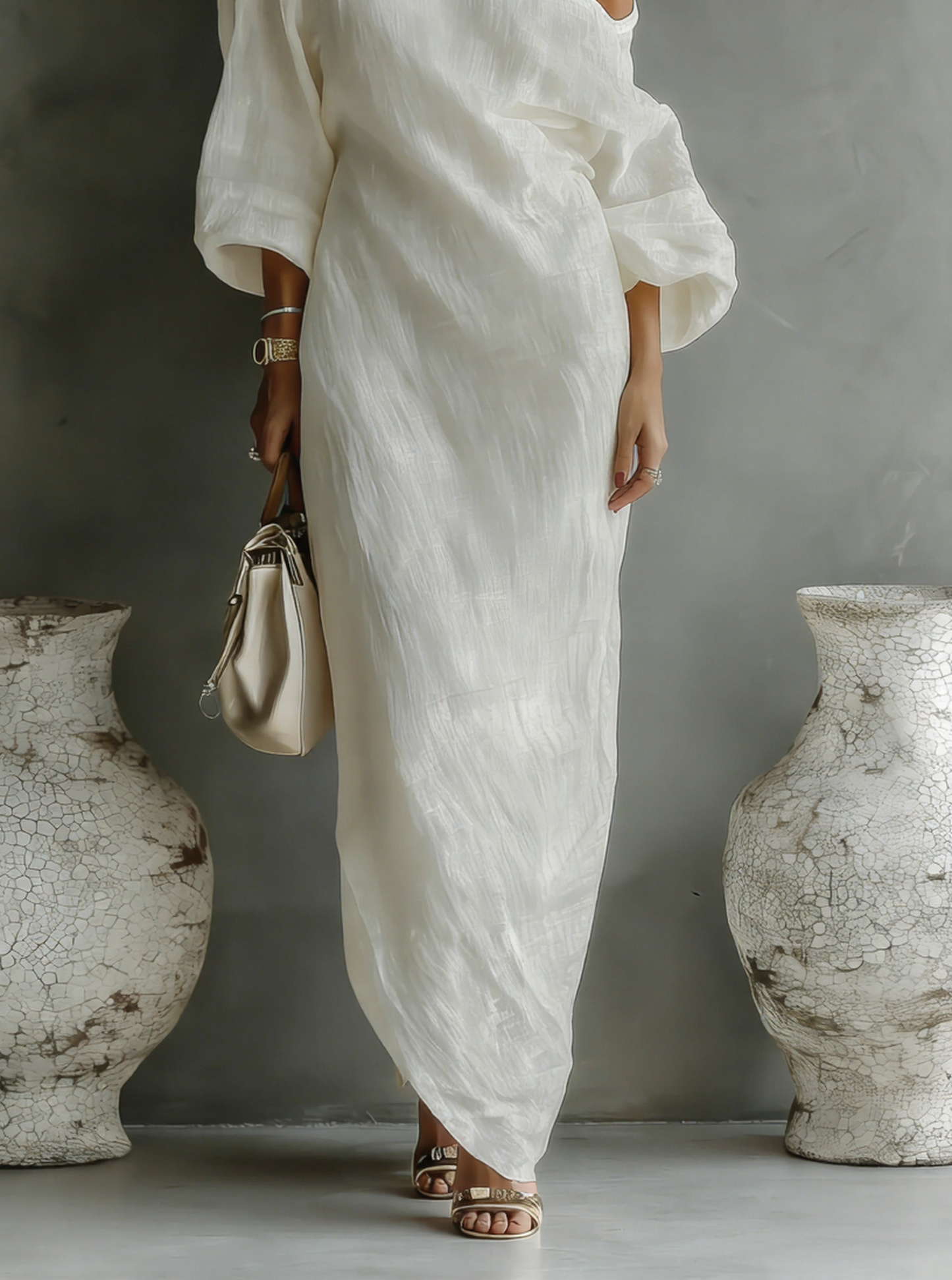 Floor - Elegante Linnen Maxi Jurk Dames met One-Shoulder en Wijde Mouwen