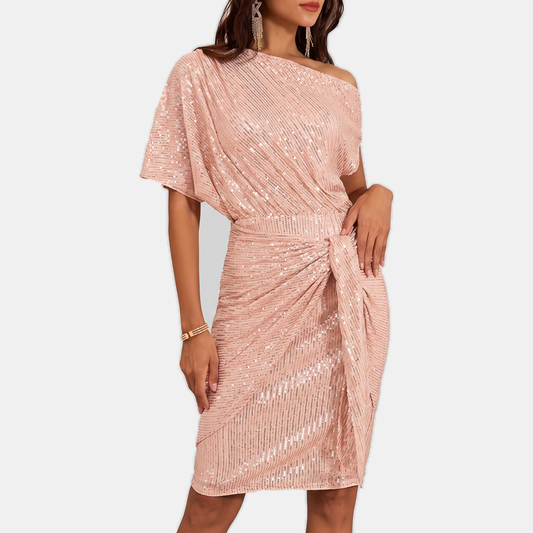 Floor - Glitter feestjurk dames midi met one shoulder en gedrapeerde overslag