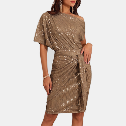 Floor - Glitter feestjurk dames midi met one shoulder en gedrapeerde overslag