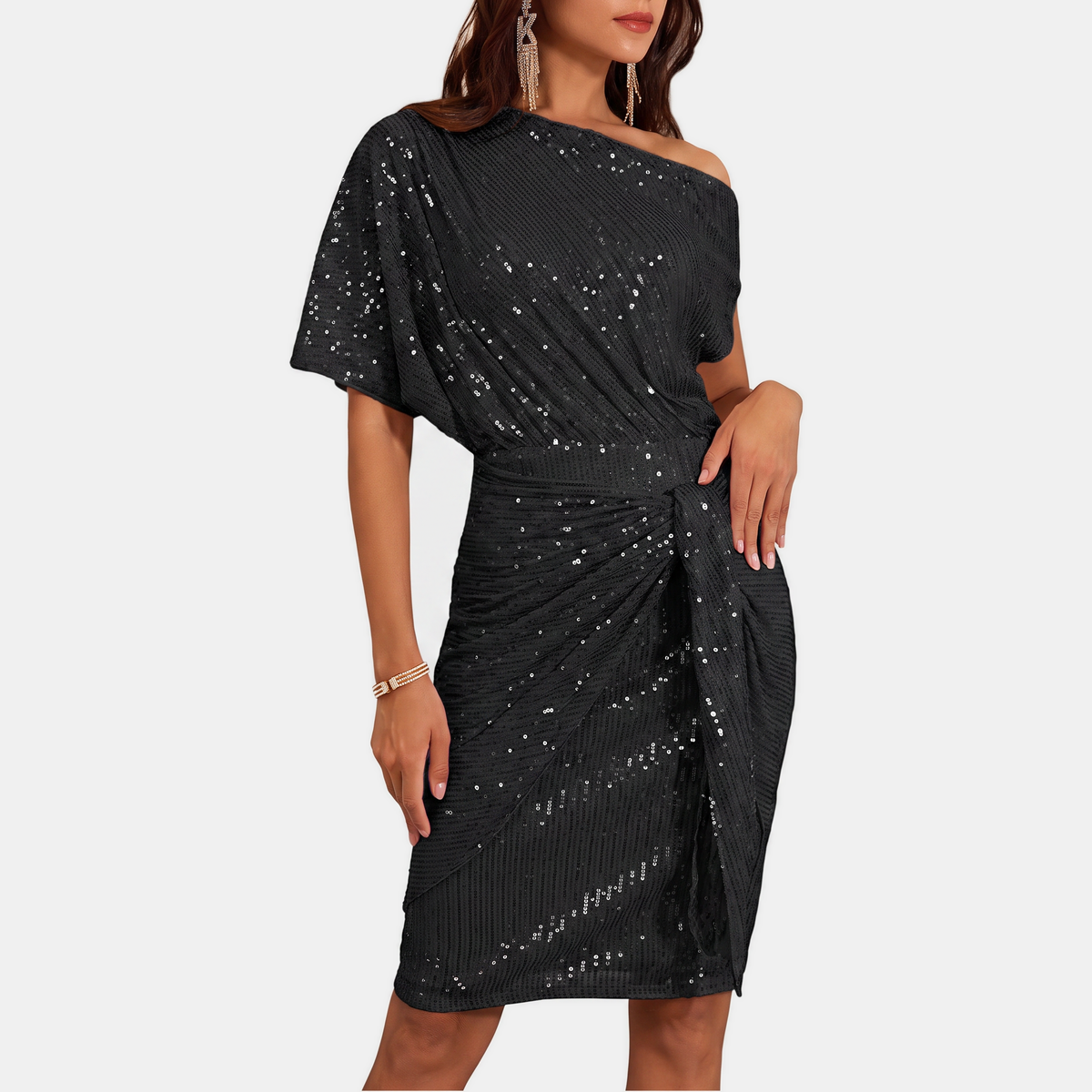 Floor - Glitter feestjurk dames midi met one shoulder en gedrapeerde overslag