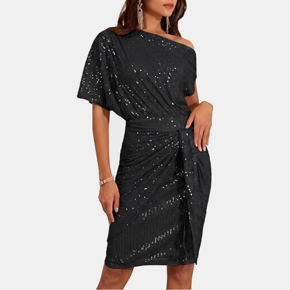 Floor - Glitter feestjurk dames midi met one shoulder en gedrapeerde overslag