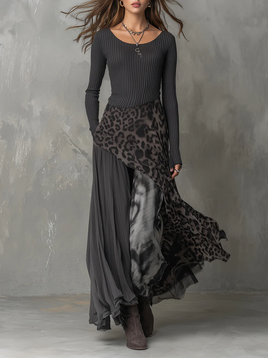 Floor - Maxi jurk dames lang met lange mouw en ronde hals en wijde rok