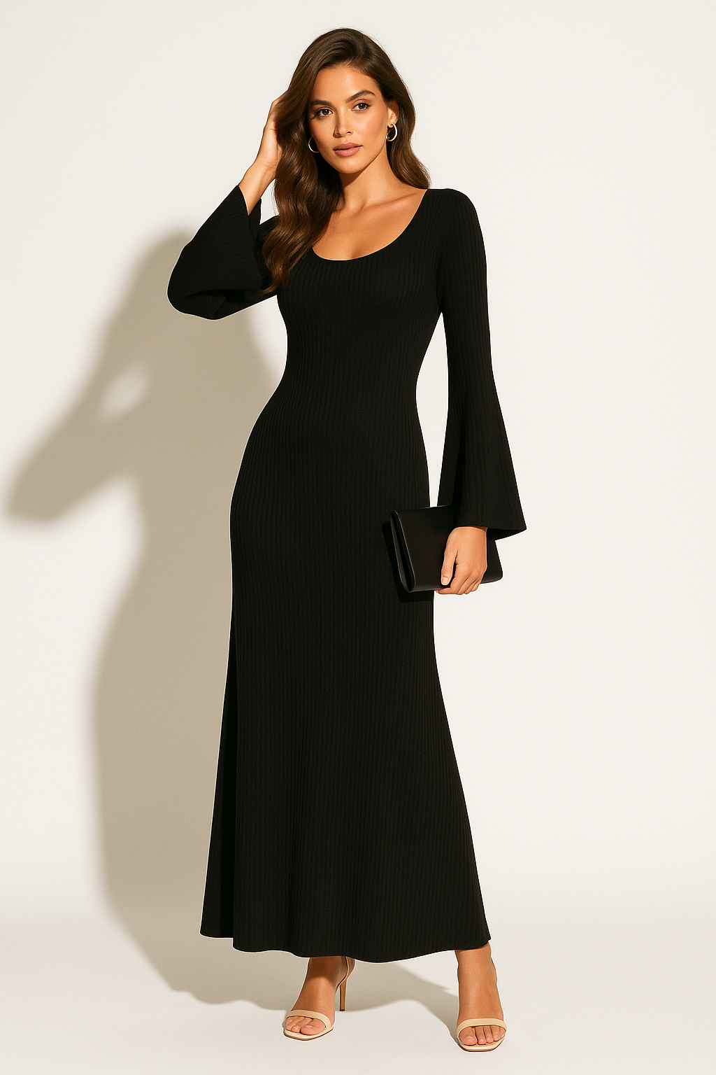 Floor - Maxi jurk dames ribgebreid en aansluitend met lange mouw