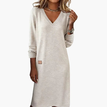 Floor - Midi jurk dames met v hals en lange mouw los en comfortabel gebreid