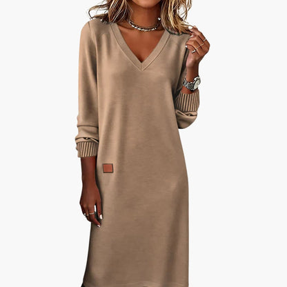 Floor - Midi jurk dames met v hals en lange mouw los en comfortabel gebreid