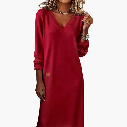 Floor - Midi jurk dames met v hals en lange mouw los en comfortabel gebreid