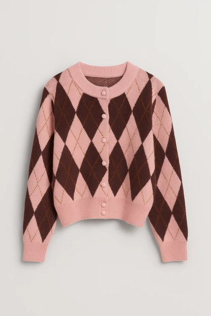 Gebreid Vest | Argyle Motief met Beklede Knopen | Retro en Vrouwelijk