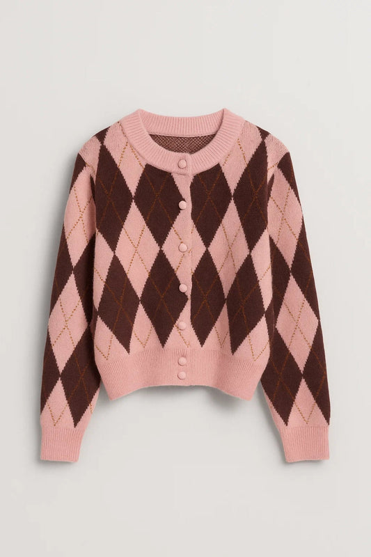 Gebreid Vest | Argyle Motief met Beklede Knopen | Retro en Vrouwelijk