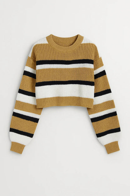 Gebreide Cropped Trui | Gestreept Design met Ronde Hals | Trendy en Comfortabel